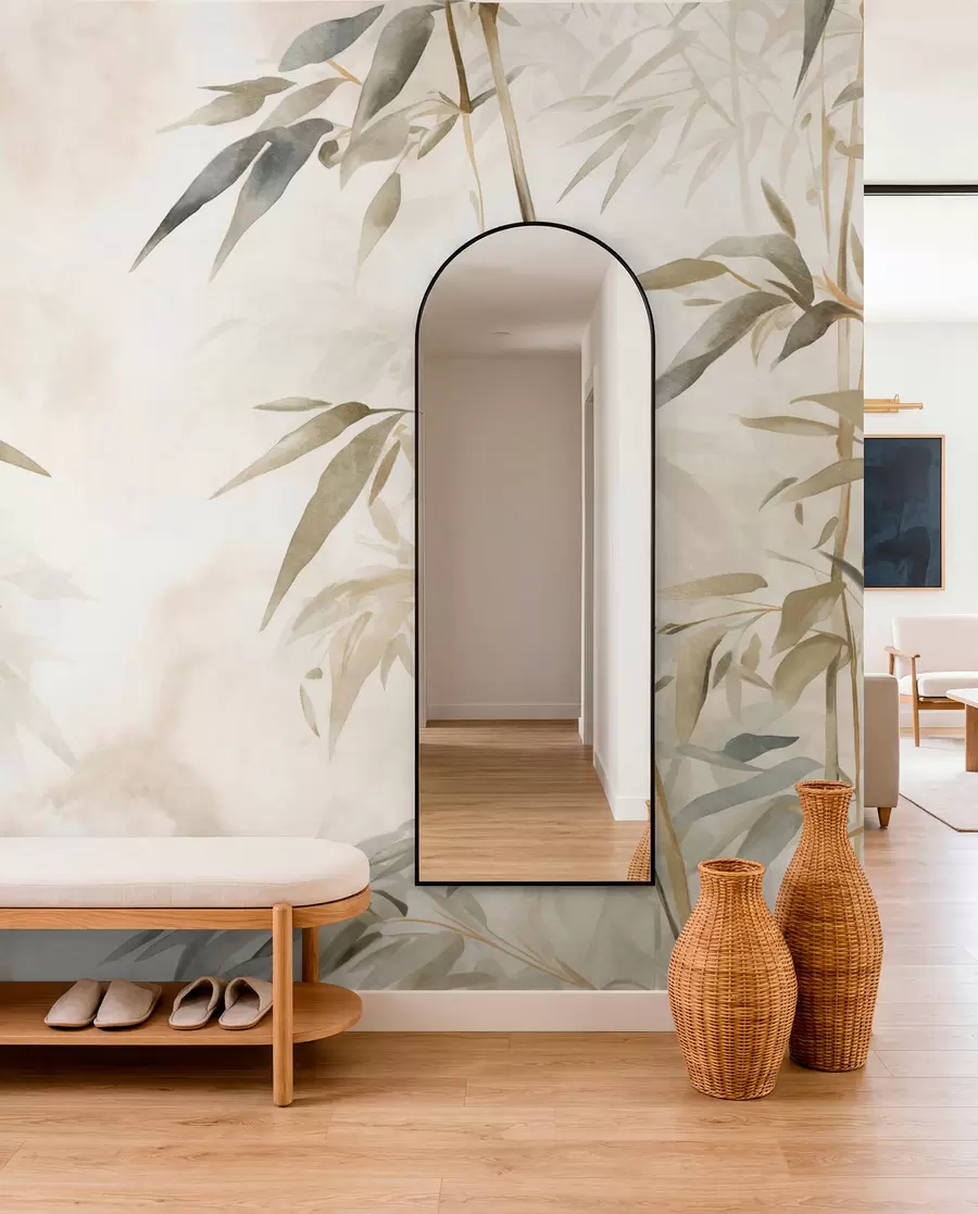 murales de pared Ramas con textura de bambú y hojas en estilo acuarela, suave paleta de colores neutros, fondo beige claro w09204