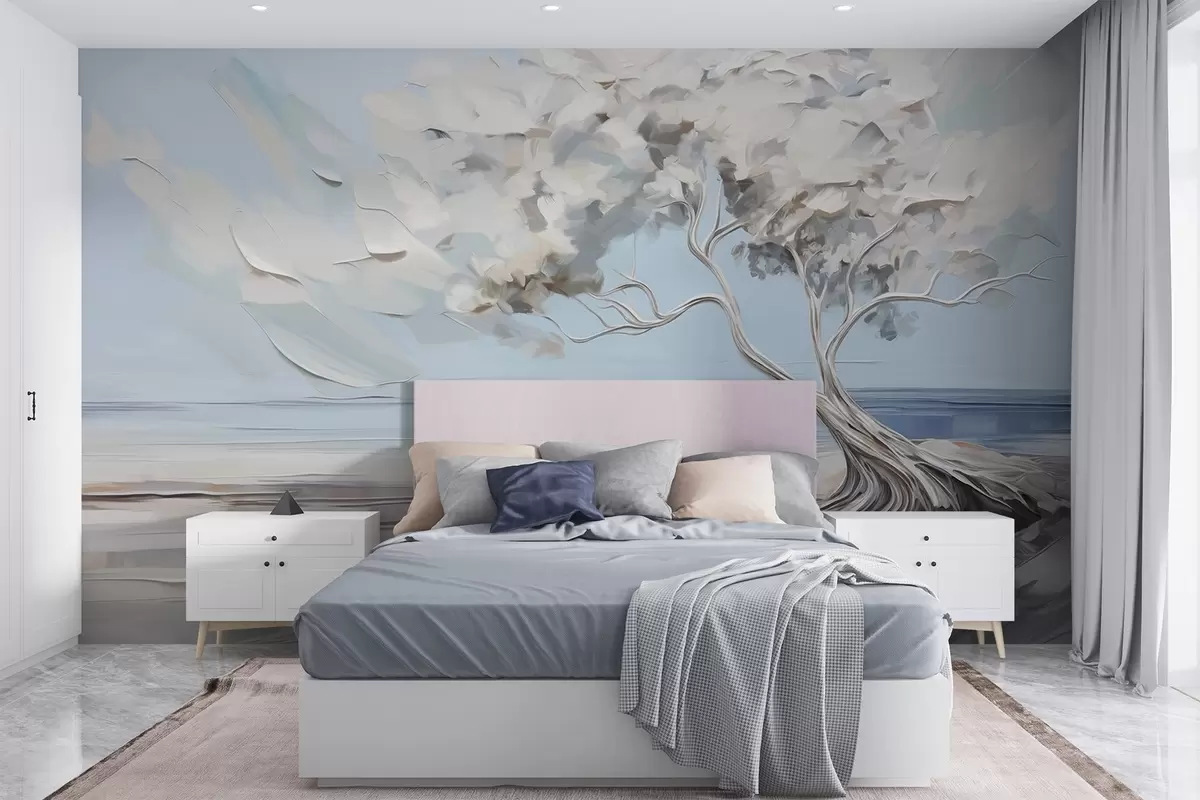 murales de pared Un árbol blanco con hojas gruesas y texturadas en una playa de arena, paisaje con cielo azul claro w09205