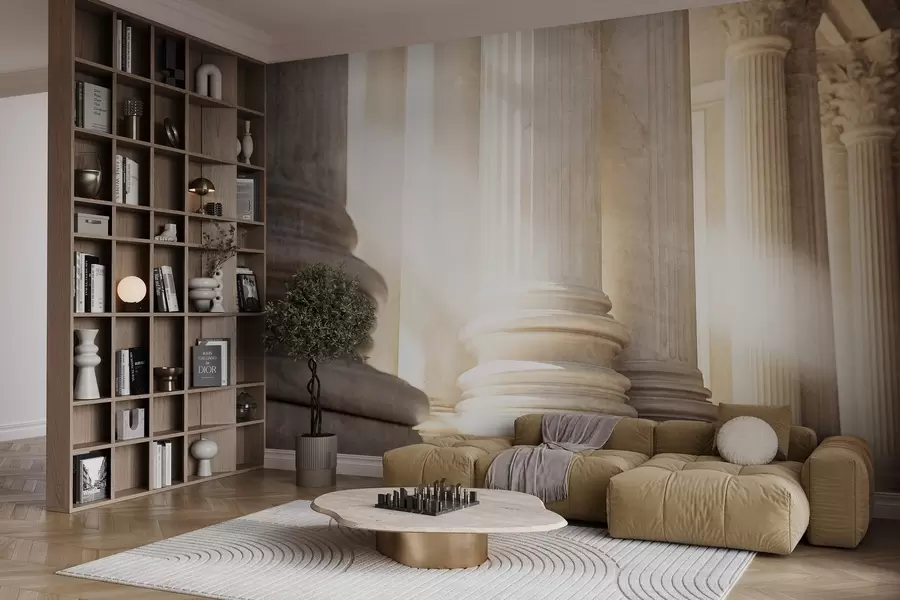 murales de pared Columnas, arquitectura clásica, diseño elegante, composición simétrica texturizada, paleta de colores neutros w09209