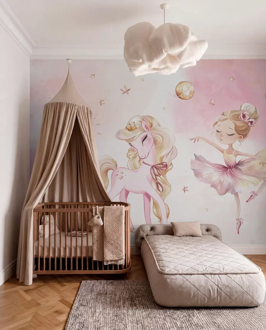 murales de pared Unicornio y bailarina en un cuento de hadas rosa, cuento infantil w04196