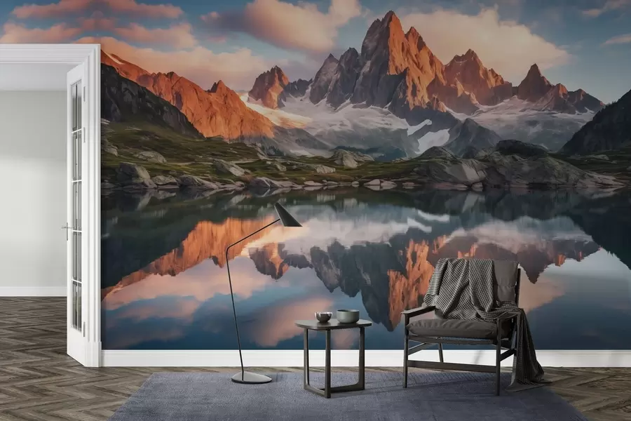 murales de pared Montañas al amanecer, reflejo en el agua, paisaje realista w04150