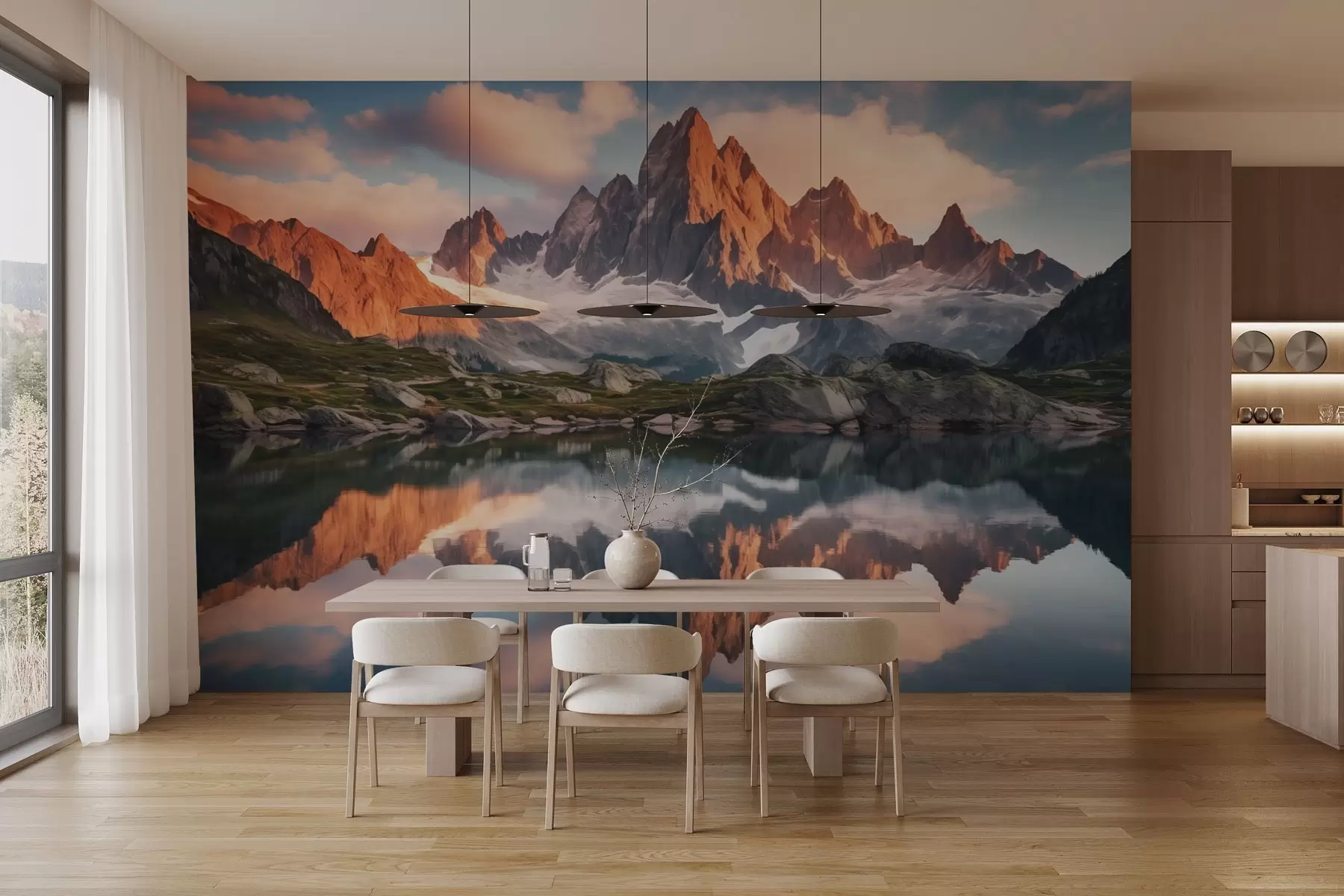 murales de pared Montañas al amanecer, reflejo en el agua, paisaje realista w04150