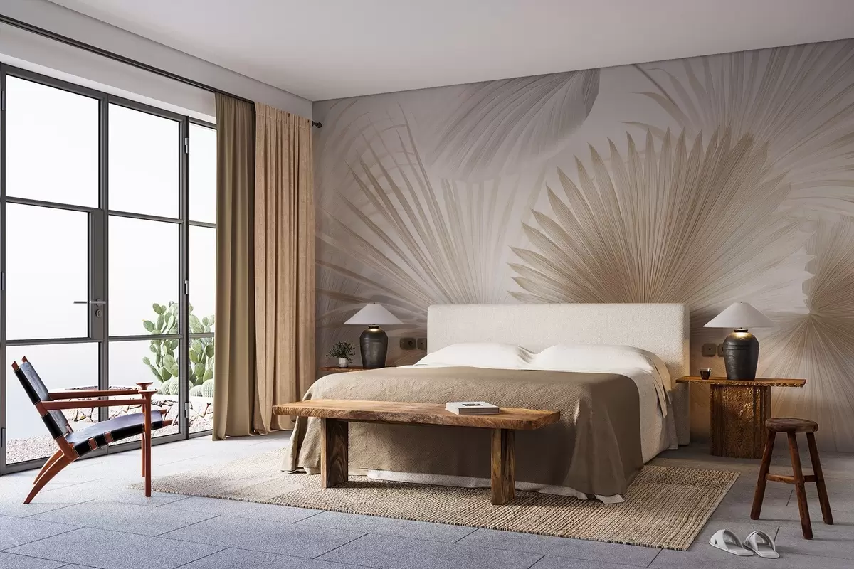 murales de pared Suaves abanicos de hojas tropicales en tonos beige claro y azulados w09084