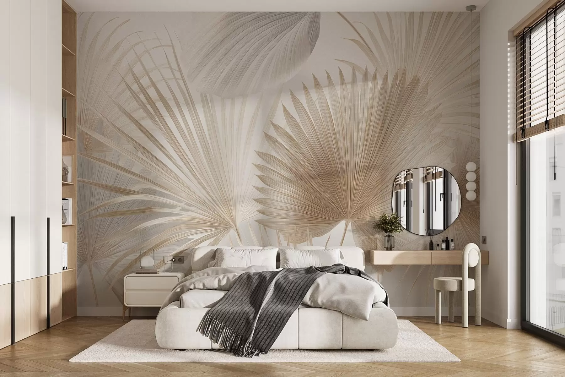 murales de pared Suaves abanicos de hojas tropicales en tonos beige claro y azulados w09084
