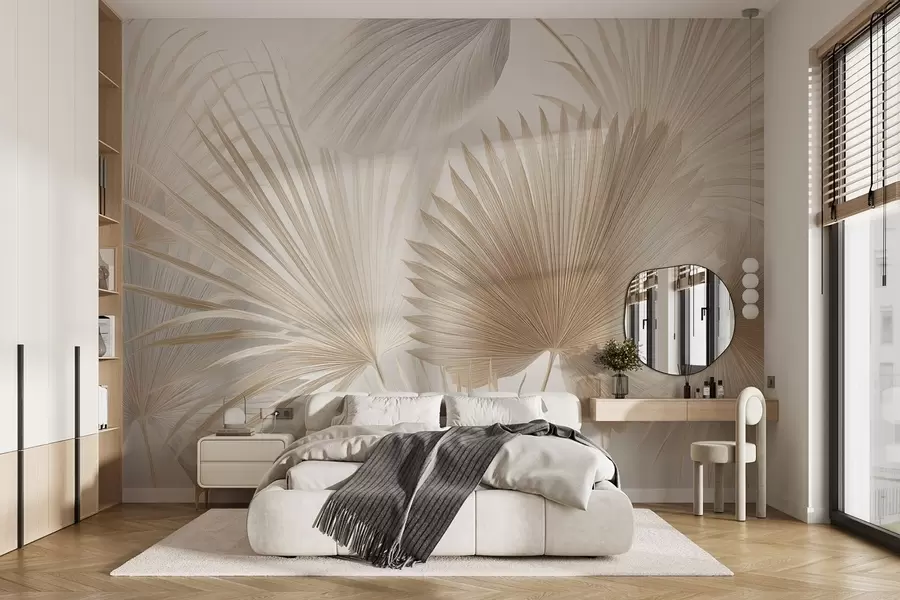murales de pared Suaves abanicos de hojas tropicales en tonos beige claro y azulados w09084