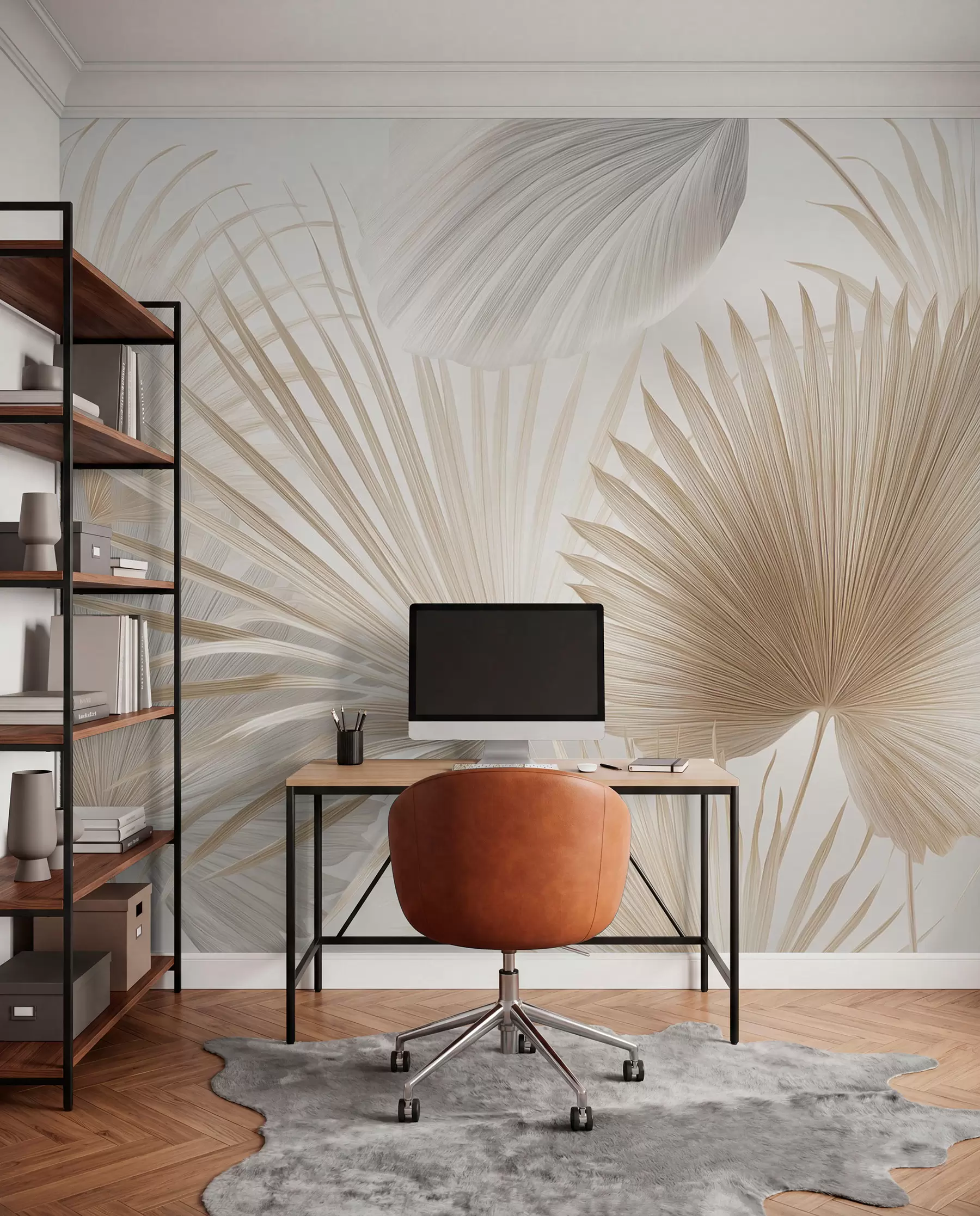 murales de pared Suaves abanicos de hojas tropicales en tonos beige claro y azulados w09084