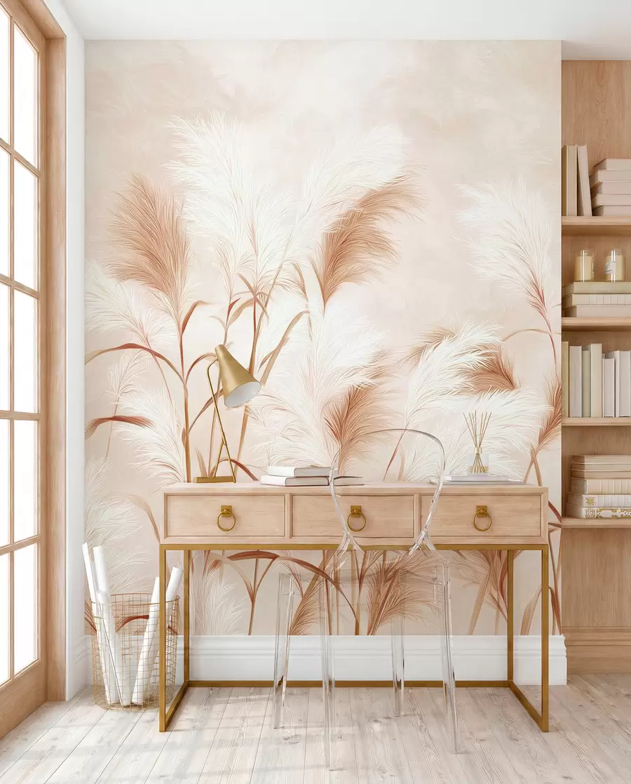 murales de pared Elegantes flores de hierba de la pampa en suaves tonos beige y lechosos w09150v1