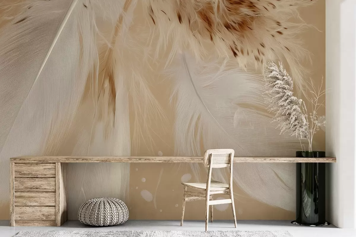 murales de pared Plumas claras en cálidos tonos beige y blanco w09153