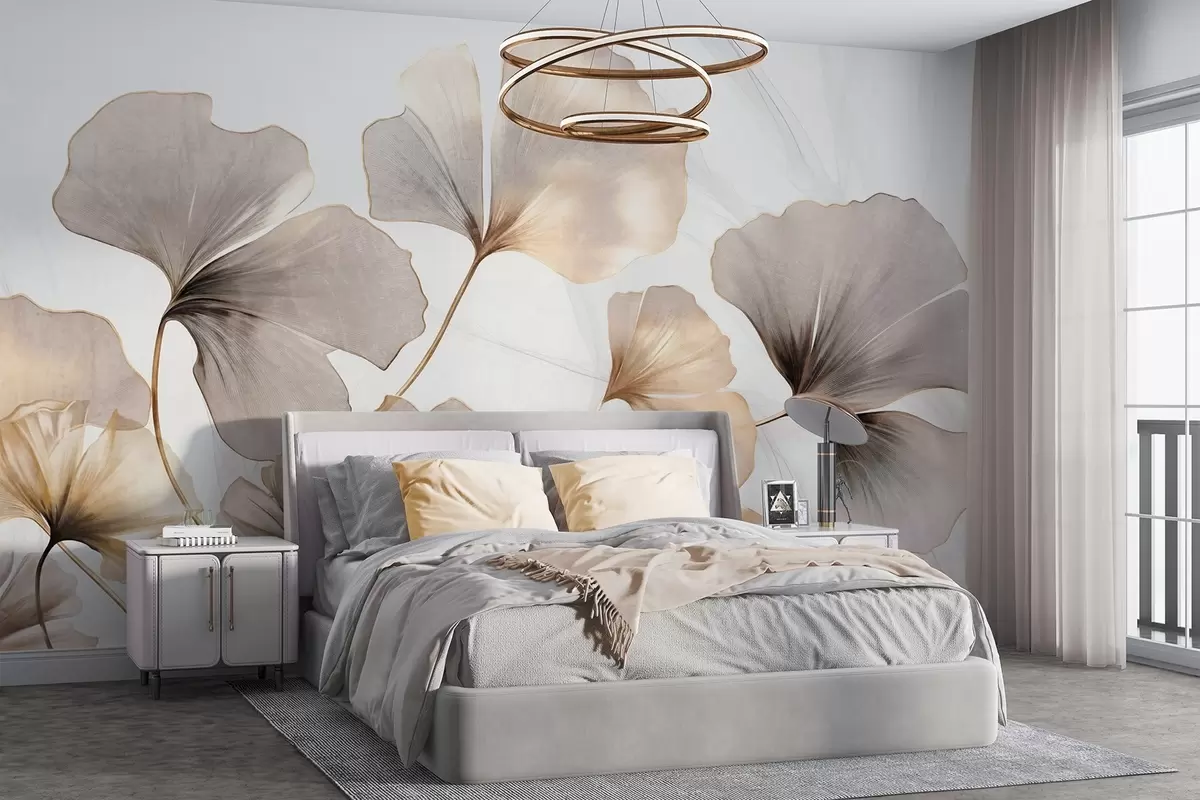 murales de pared Hojas de Ginkgo biloba en tonos beige, amarillo y marrón, delicado efecto de acuarela texturizada, fondo claro w09215