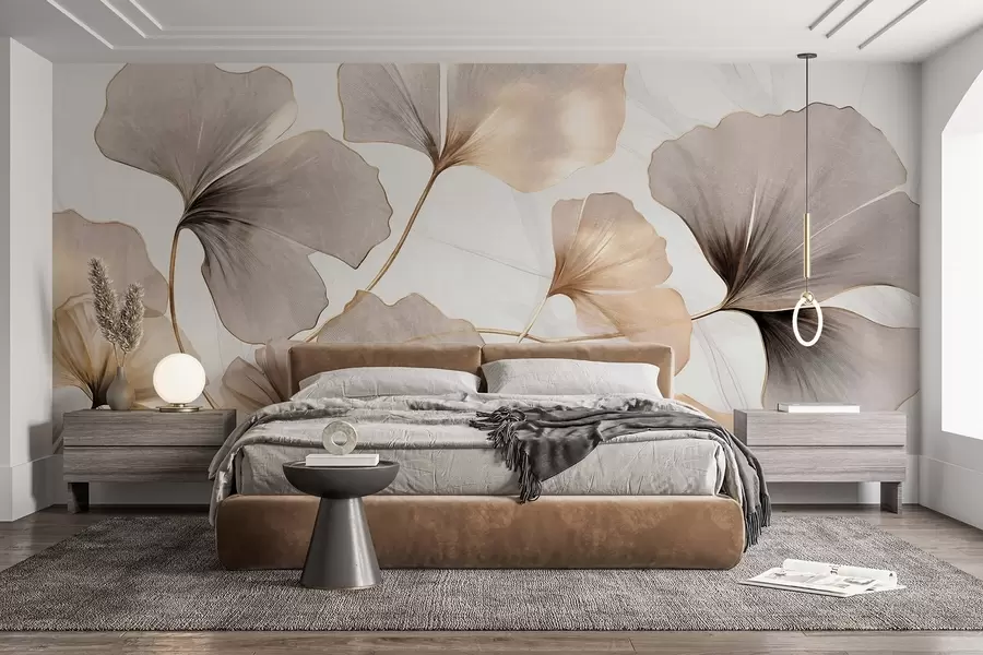 murales de pared Hojas de Ginkgo biloba en tonos beige, amarillo y marrón, delicado efecto de acuarela texturizada, fondo claro w09215
