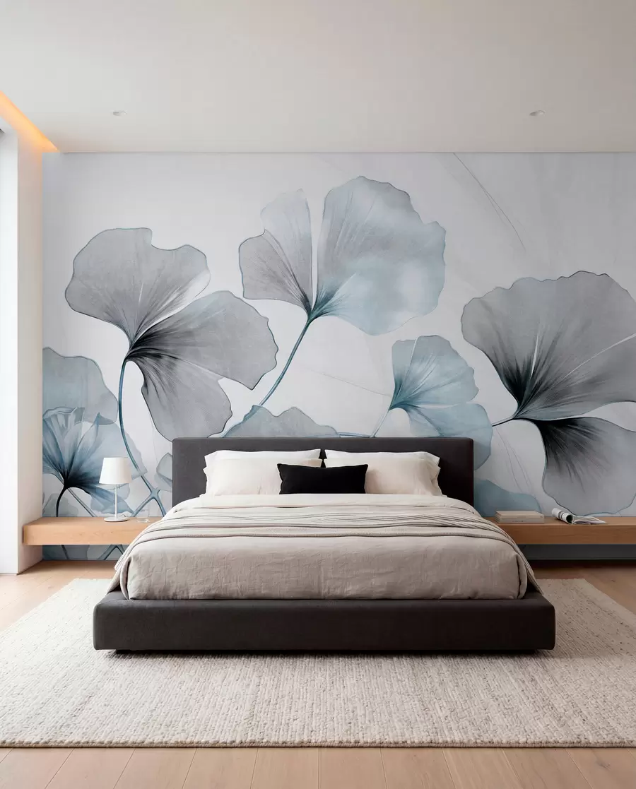 murales de pared Hojas de Ginkgo biloba en tonos azules y grises apagados, delicado efecto de acuarela texturizada, fondo claro w09215v1