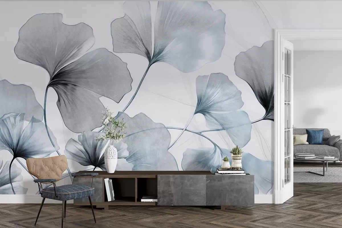 Murales de pared Hojas de Ginkgo biloba en tonos azules y grises apagados, delicado efecto de acuarela texturizada, fondo claro w09215v1 murales de pared Hojas de Ginkgo biloba en tonos azules y grises apagados, delicado efecto de acuarela texturizada, fondo claro w09215v1