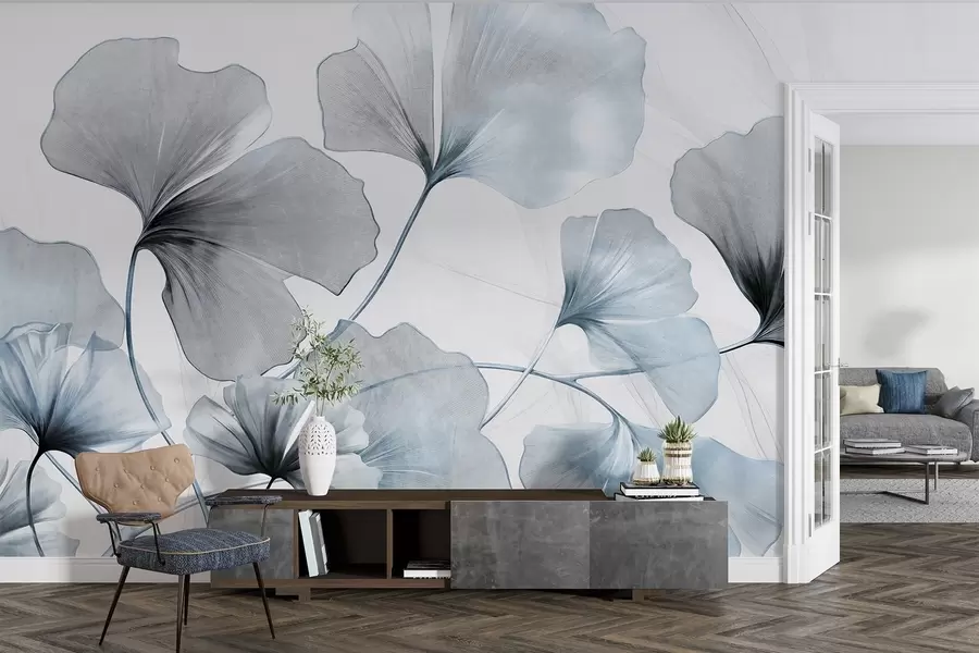 Murales de pared Hojas de Ginkgo biloba en tonos azules y grises apagados, delicado efecto de acuarela texturizada, fondo claro w09215v1 murales de pared Hojas de Ginkgo biloba en tonos azules y grises apagados, delicado efecto de acuarela texturizada, fondo claro w09215v1