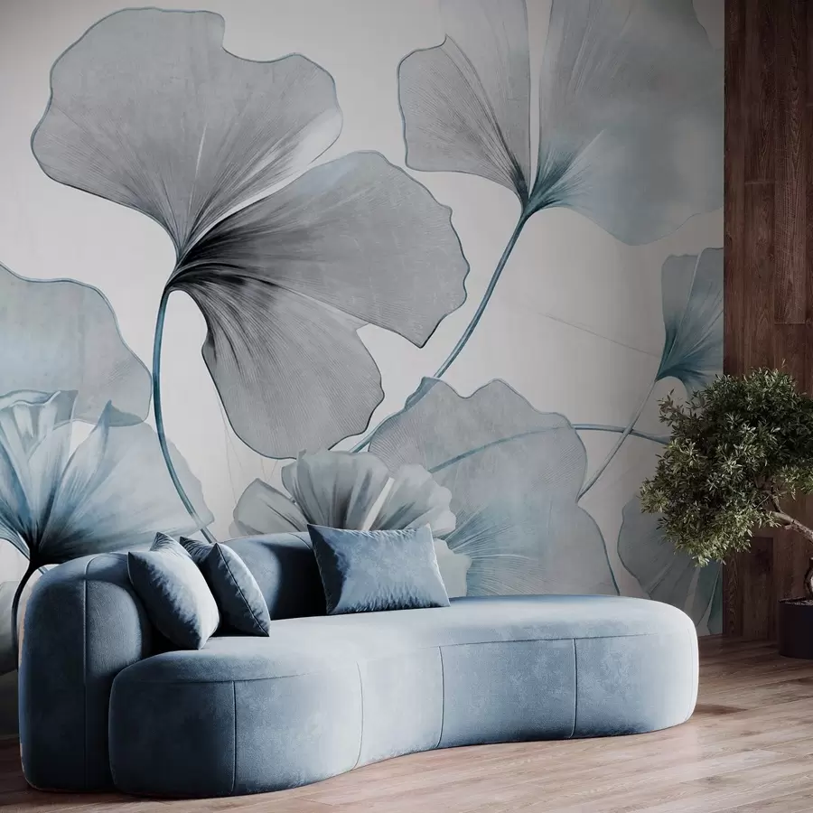 murales de pared Hojas de Ginkgo biloba en tonos azules y grises apagados, delicado efecto de acuarela texturizada, fondo claro w09215v1