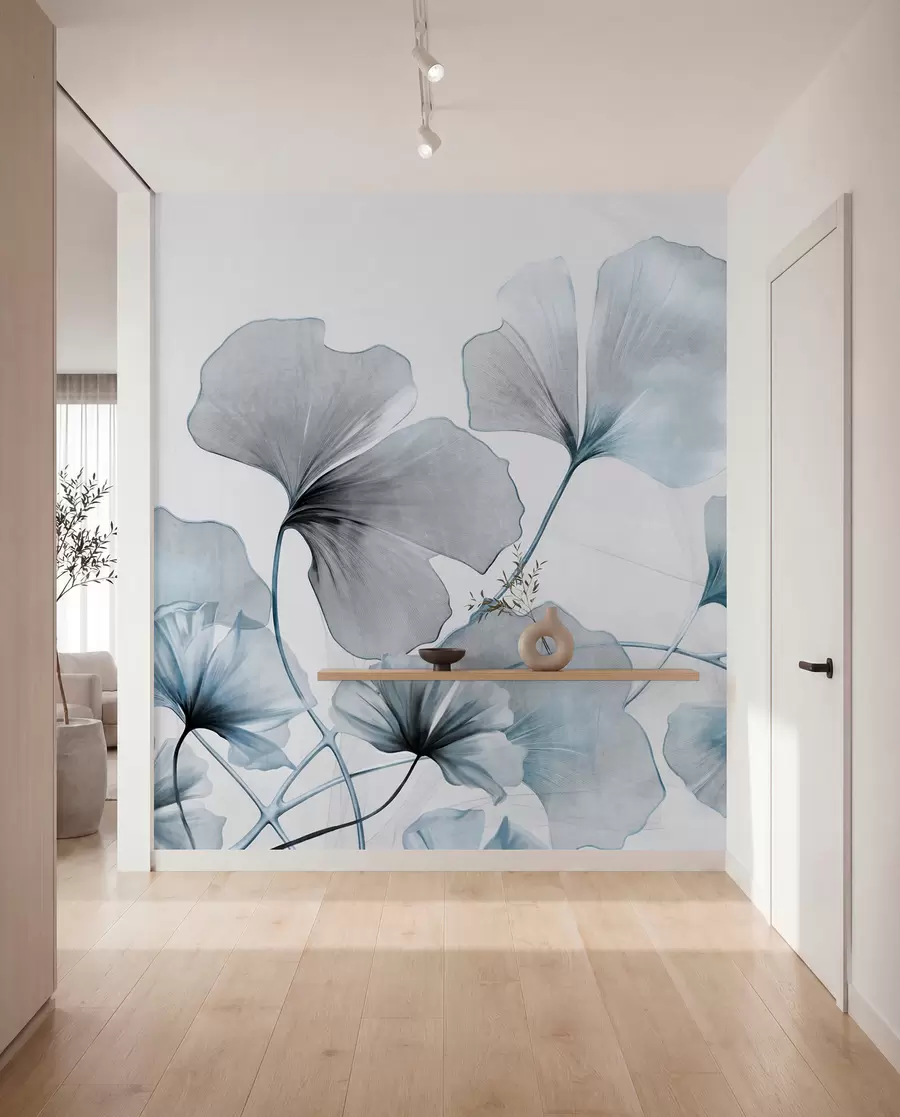 murales de pared Hojas de Ginkgo biloba en tonos azules y grises apagados, delicado efecto de acuarela texturizada, fondo claro w09215v1