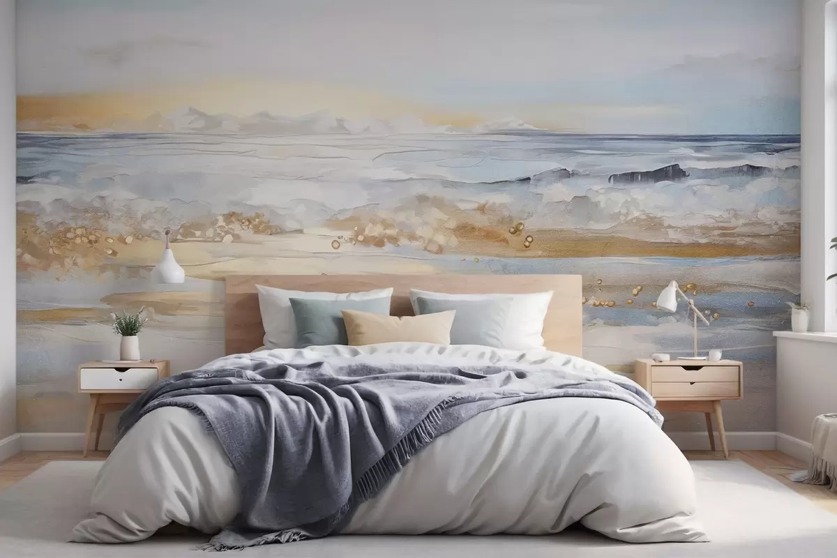 murales de pared Paisaje abstracto con textura de olas del mar rompiendo en una playa de arena, colores pastel suaves, cielo azul con nubes ligeras w09234