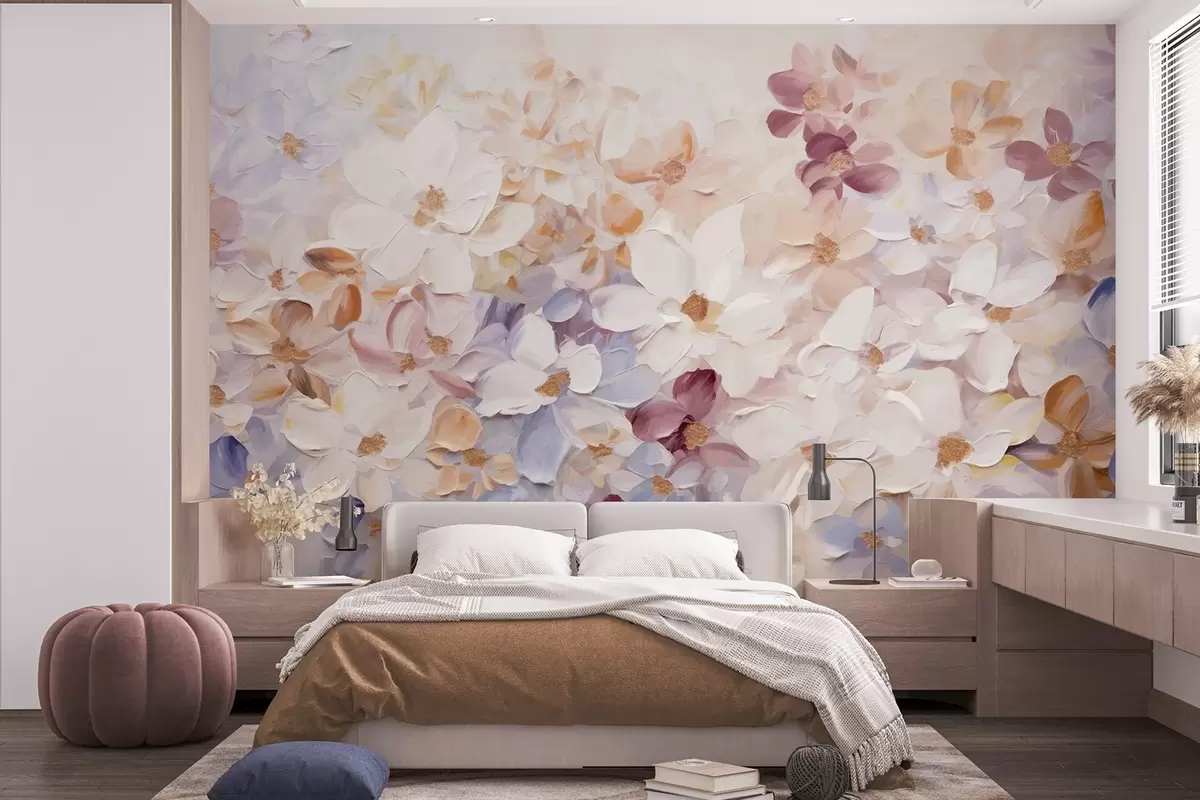 murales de pared Pintura al óleo imitación de un jardín de flores con flores blancas, rosas y naranjas, pinceladas suaves, colores pastel apagados w09236