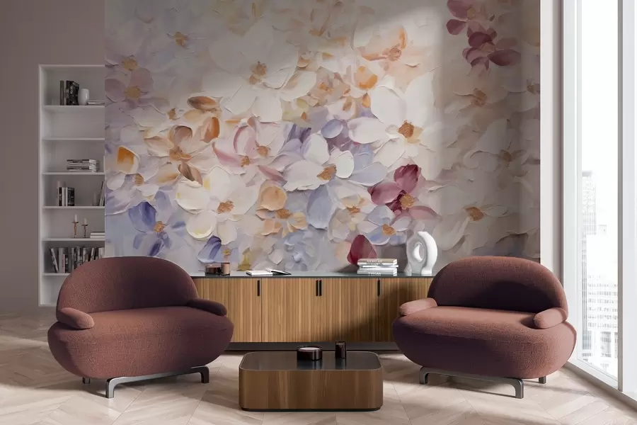 murales de pared Pintura al óleo imitación de un jardín de flores con flores blancas, rosas y naranjas, pinceladas suaves, colores pastel apagados w09236