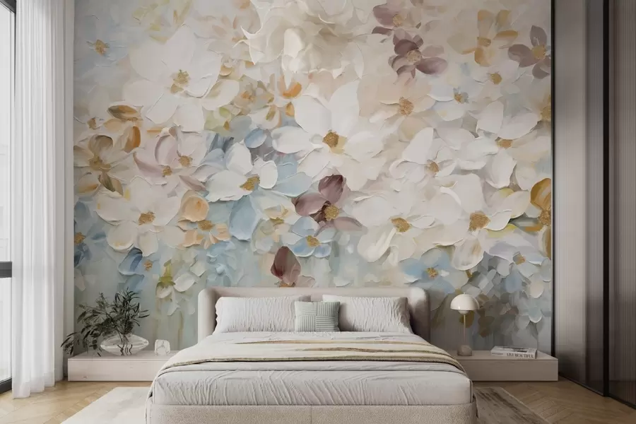 murales de pared Pintura al óleo imitación de un jardín de flores con flores blancas, azules y naranjas, pinceladas suaves, colores pastel apagados w09236v1