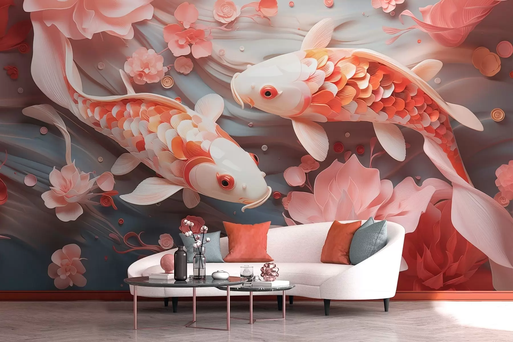 murales de pared Delicados peces con escamas dimensionales nadan a través de un flujo de pétalos y suaves tonos rosados w09237