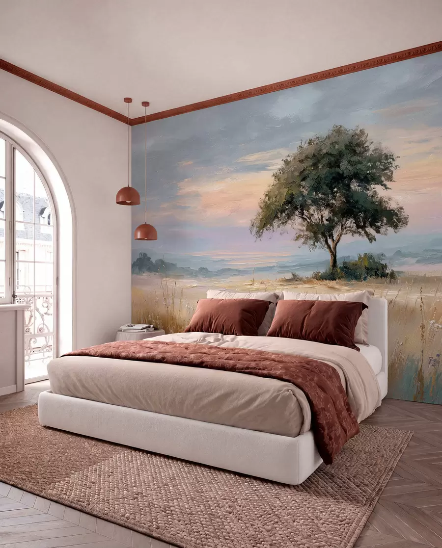 murales de pared árbol en medio de un campo en el estilo de la pintura al óleo w04206