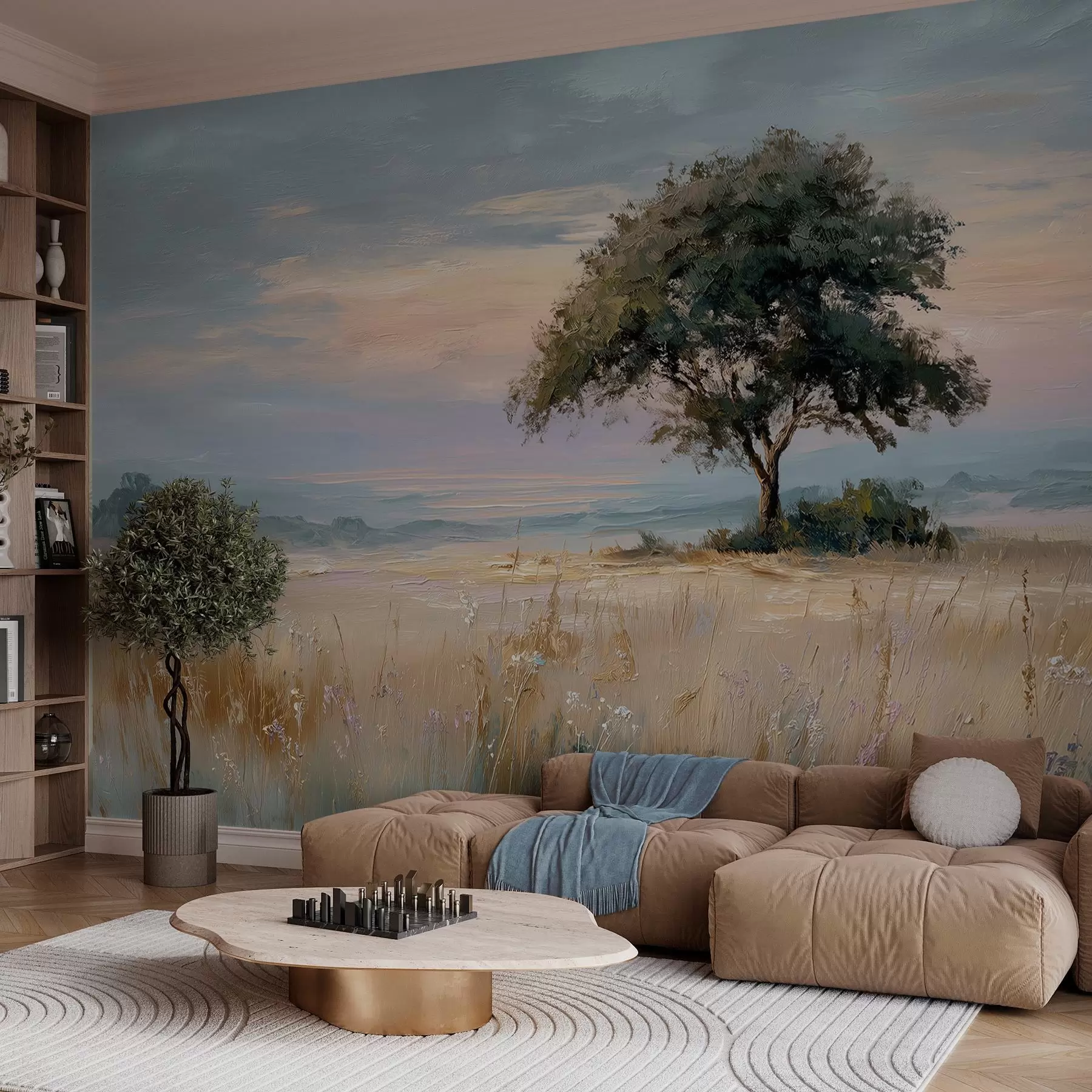 murales de pared árbol en medio de un campo en el estilo de la pintura al óleo w04206