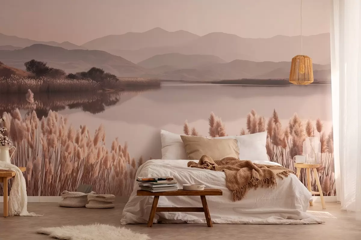murales de pared vista del lago con juncos w04207