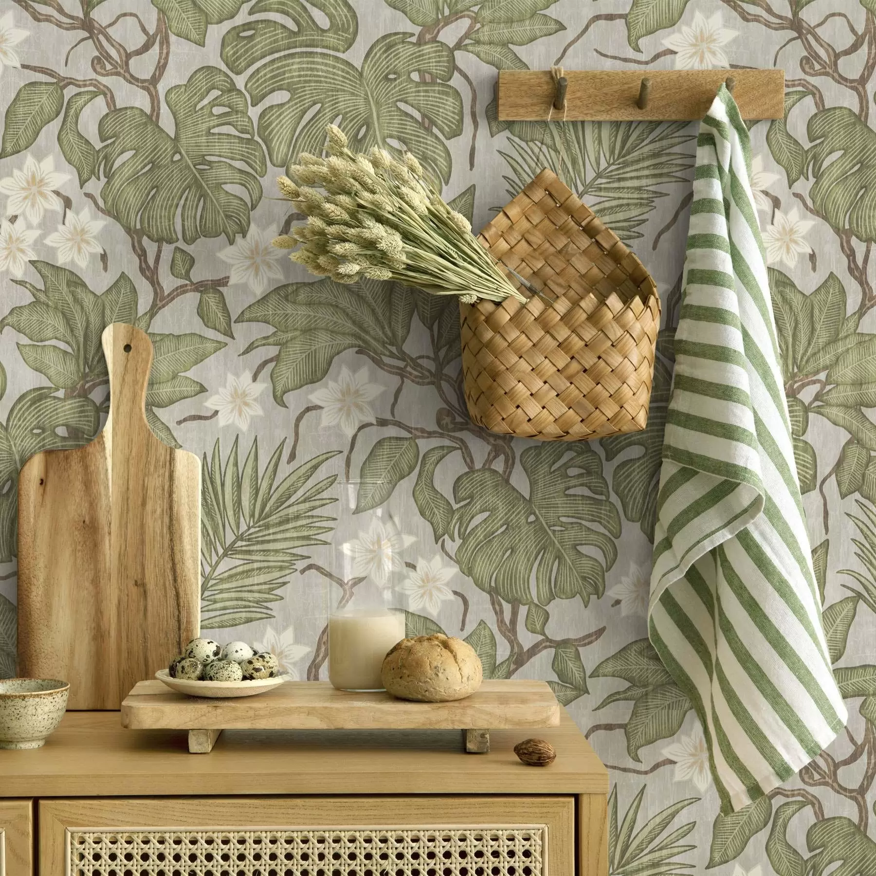 murales de pared Hojas y flores de monstera tropical sobre fondo gris a00249