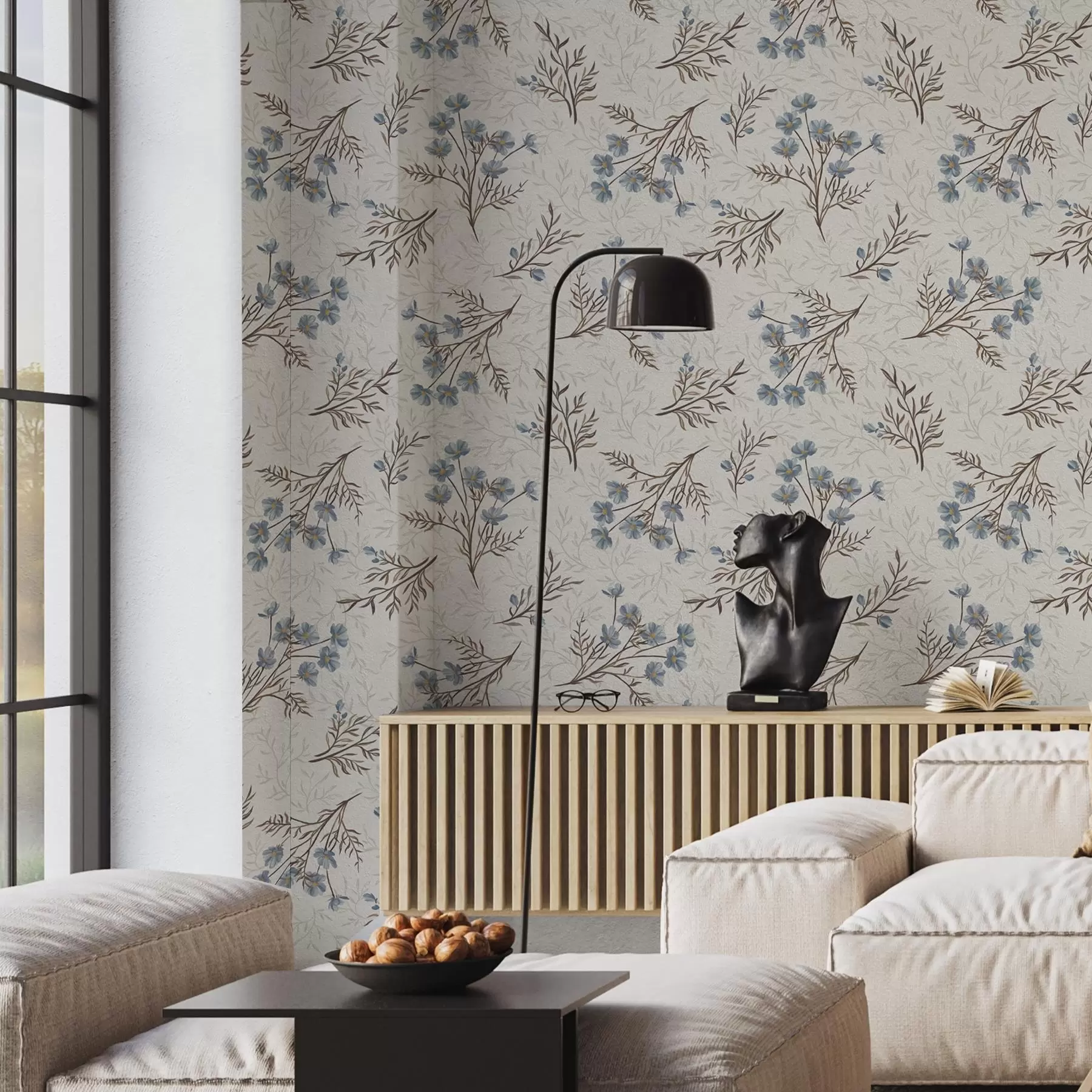 murales de pared Flores azules y ramas claras sobre fondo blanco a00265v1