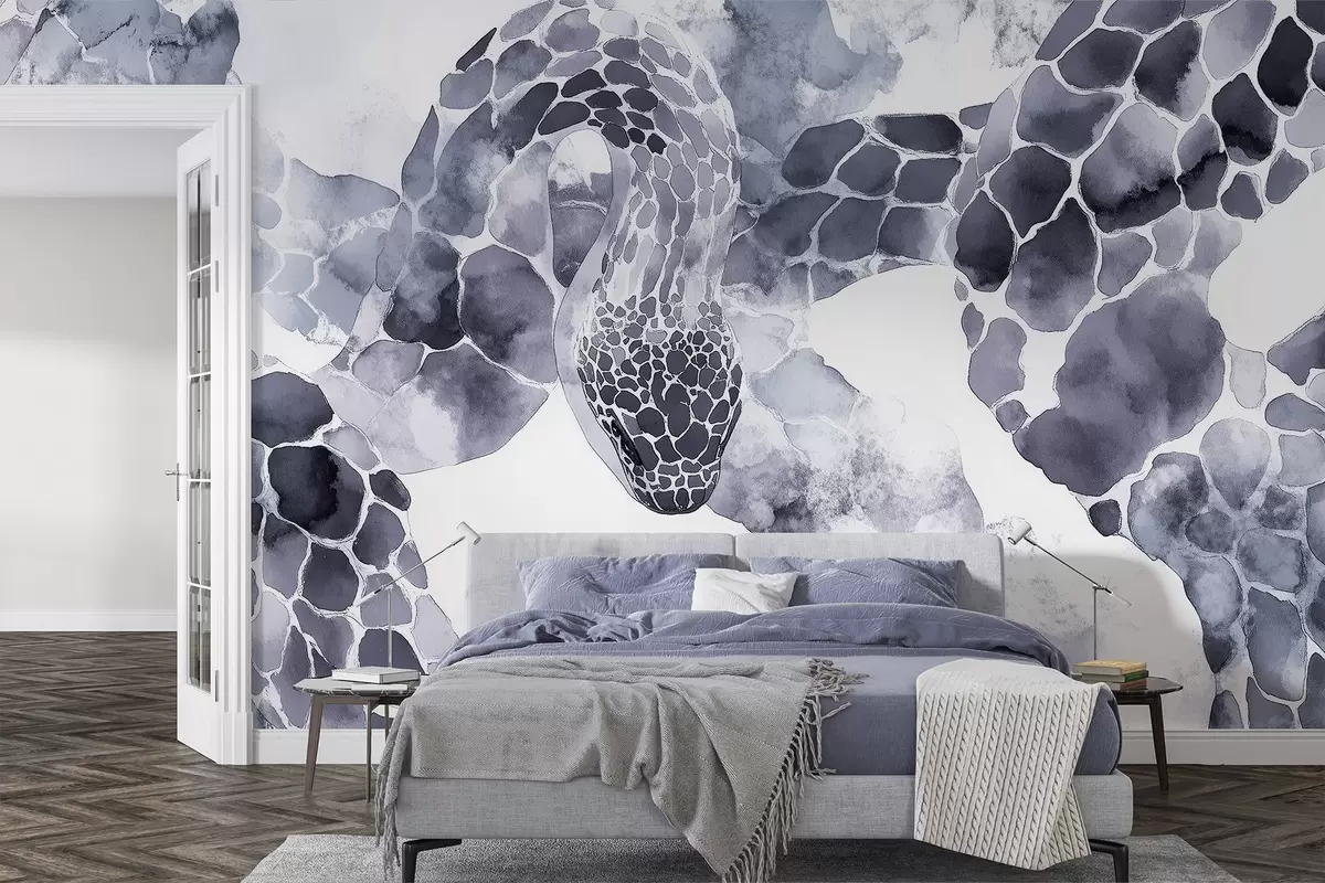 murales de pared Silueta de serpiente, estilo acuarela, colores azules w04113
