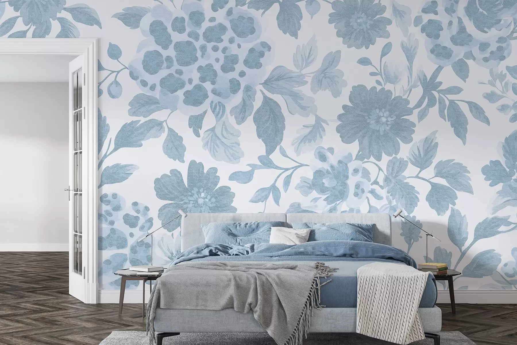 murales de pared Flores estilo boho con estampado de leopardo, color azul w04114v1
