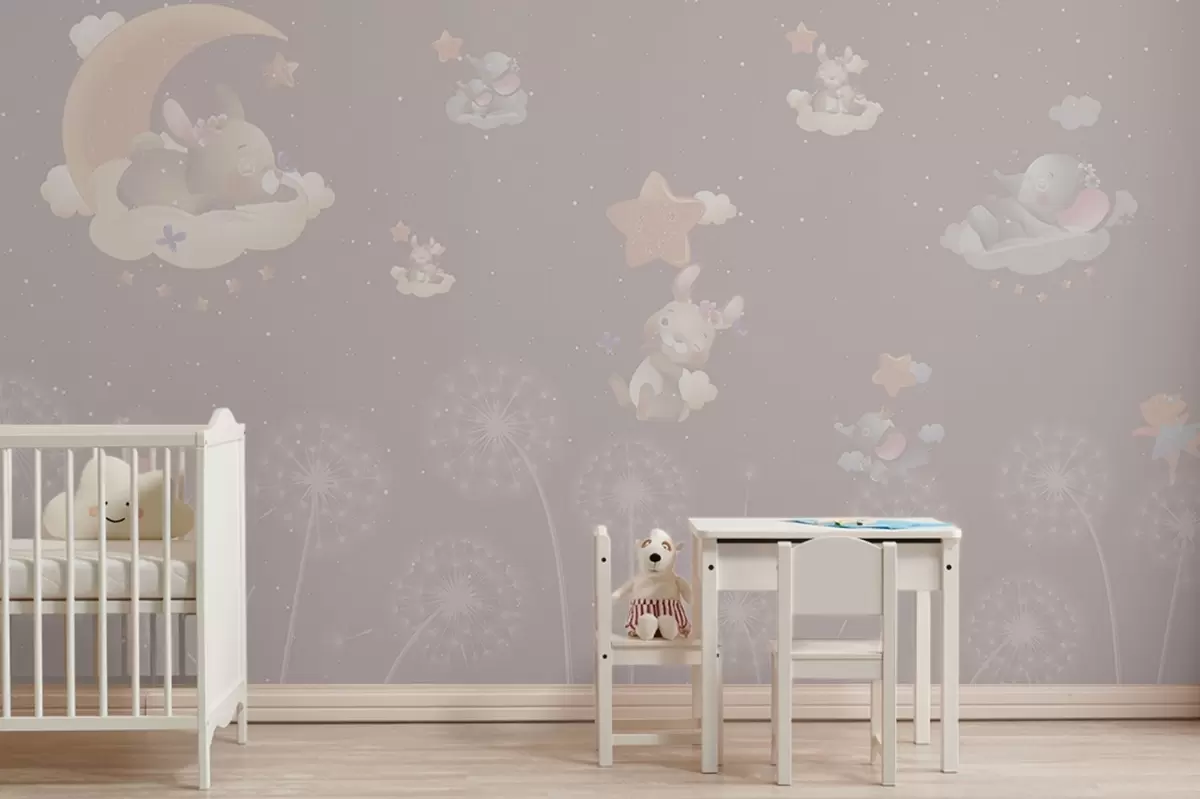 murales de pared Noche de cuento de hadas con conejo y dientes de león sobre fondo rosa w04195v2