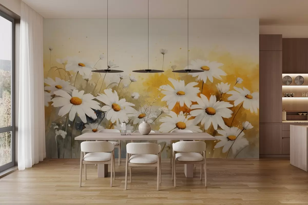Murales de pared Un campo de margaritas blancas con centros amarillos, sobre un suave fondo amarillo y beige, estilo acuarela w09218 murales de pared Un campo de margaritas blancas con centros amarillos, sobre un suave fondo amarillo y beige, estilo acuarela w09218