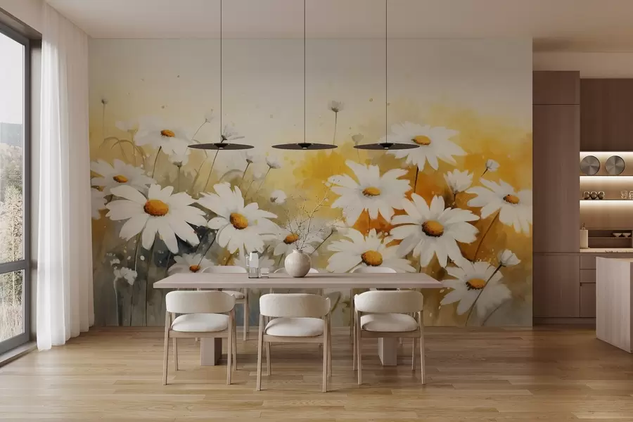 Murales de pared Un campo de margaritas blancas con centros amarillos, sobre un suave fondo amarillo y beige, estilo acuarela w09218 murales de pared Un campo de margaritas blancas con centros amarillos, sobre un suave fondo amarillo y beige, estilo acuarela w09218