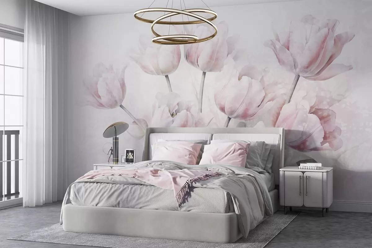 murales de pared Tulipanes de textura rosa con hojas verdes, luz suave, estilo acuarela vintage, pinceladas delicadas w09220