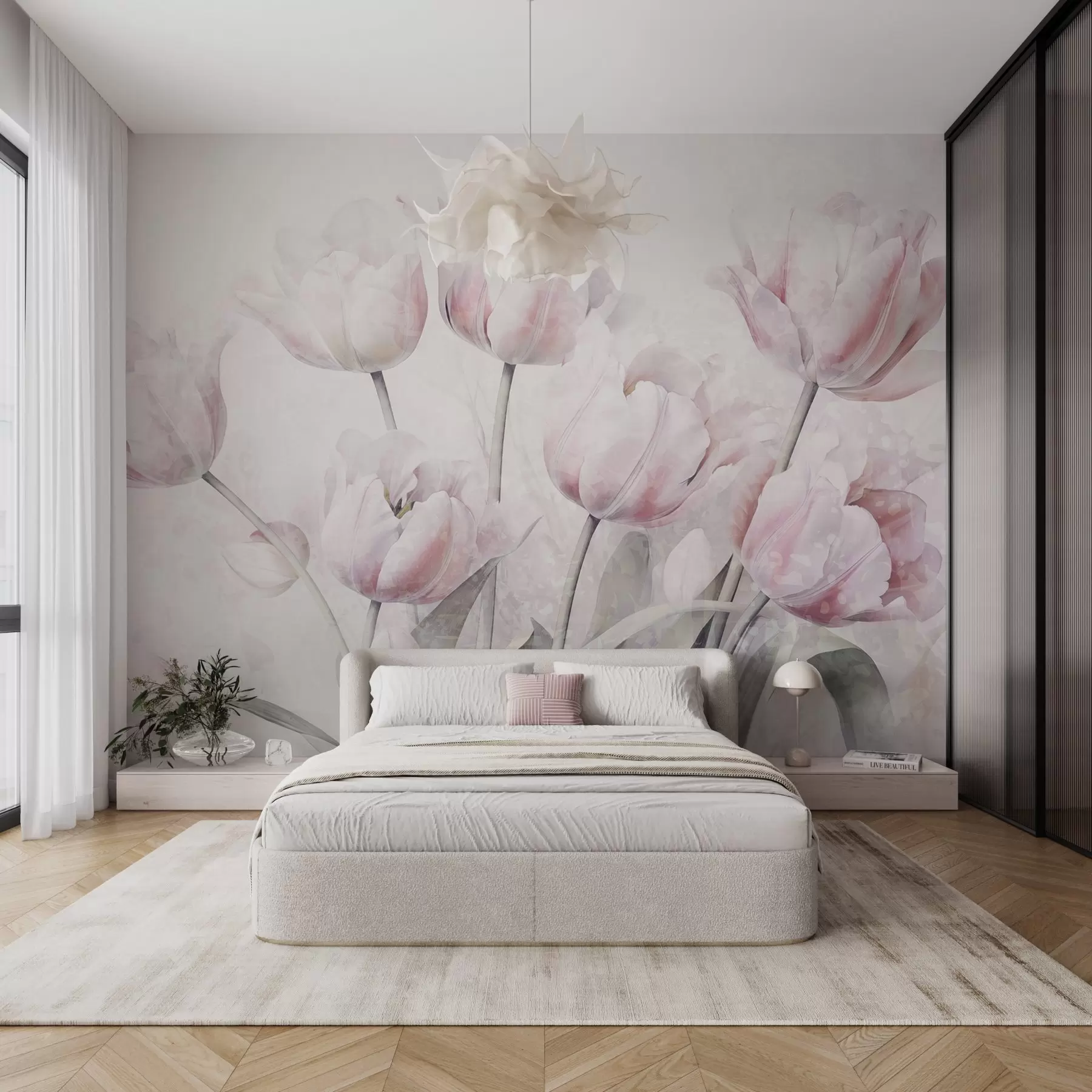 murales de pared Tulipanes de textura rosa con hojas verdes, luz suave, estilo acuarela vintage, pinceladas delicadas w09220
