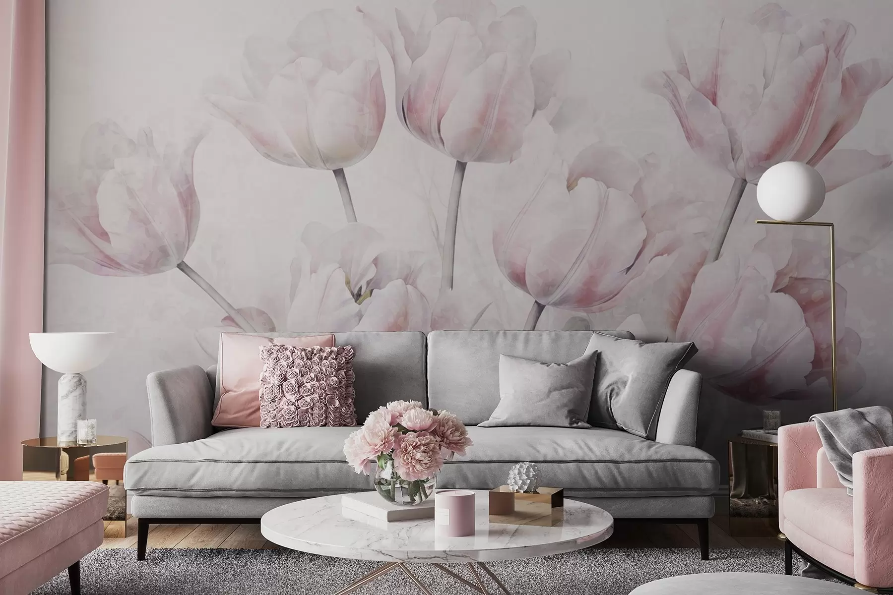 murales de pared Tulipanes de textura rosa con hojas verdes, luz suave, estilo acuarela vintage, pinceladas delicadas w09220