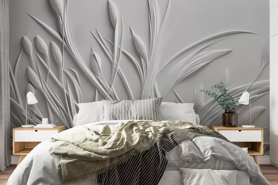 murales de pared Bajorrelieve con delicadas hojas y pámpanos w04247