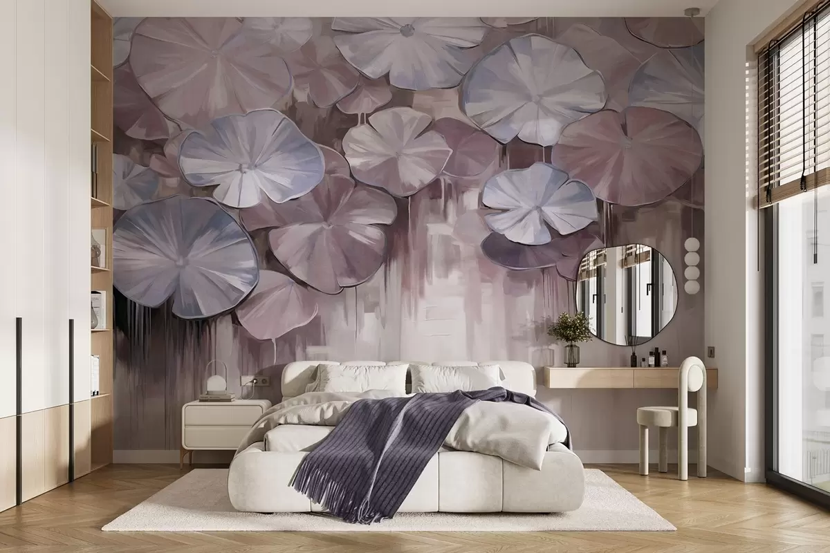 murales de pared Nenúfares texturizados con colores violeta y azul en un estanque, el fondo es una mezcla borrosa de suaves tonos morados w09255v1
