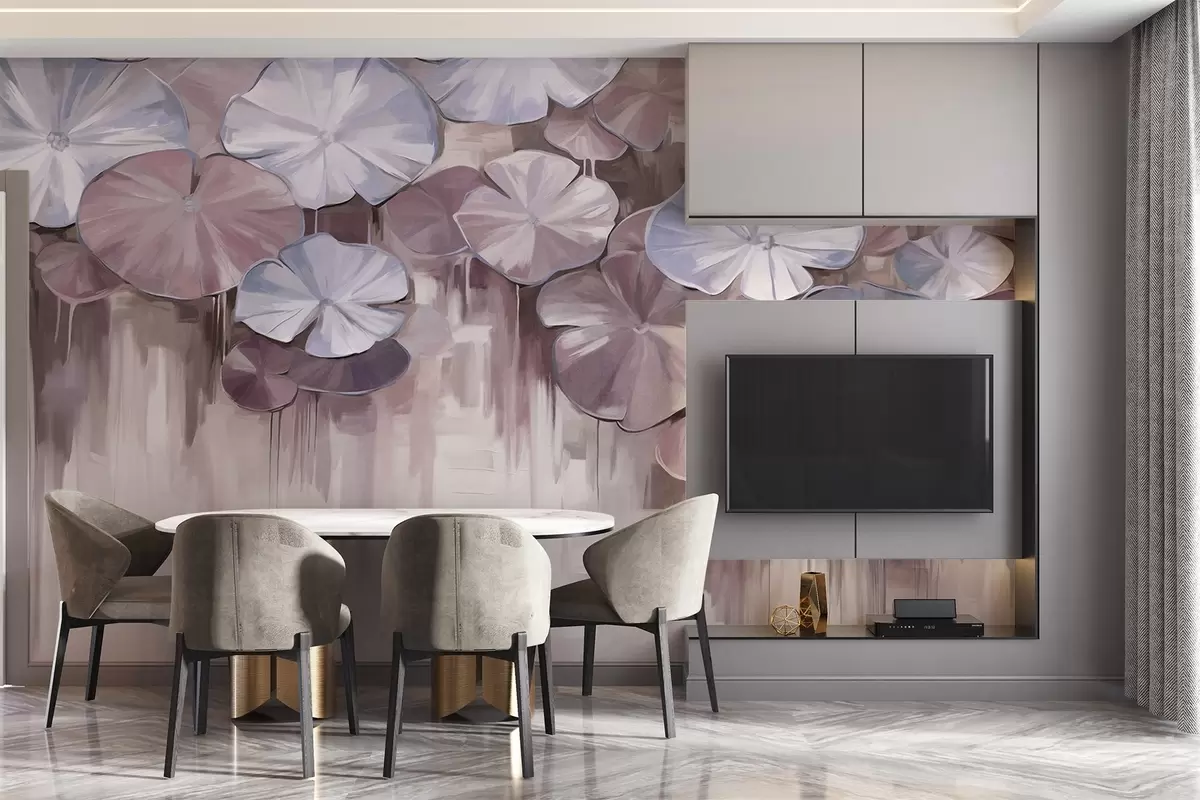 Murales de pared Nenúfares texturizados con colores violeta y azul en un estanque, el fondo es una mezcla borrosa de suaves tonos morados w09255v1 murales de pared Nenúfares texturizados con colores violeta y azul en un estanque, el fondo es una mezcla borrosa de suaves tonos morados w09255v1