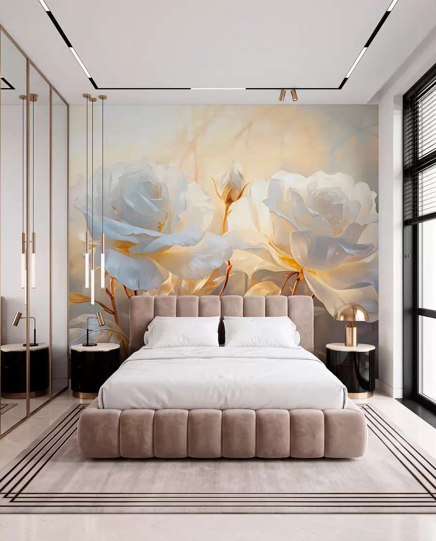 murales de pared Rosas blancas texturizadas con tallos y hojas amarillas, iluminación suave, fondo claro con formas florales difuminadas w09258