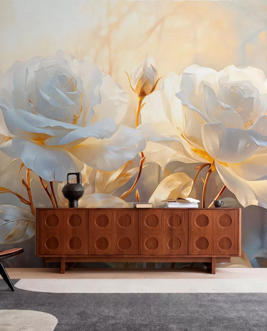 murales de pared Rosas blancas texturizadas con tallos y hojas amarillas, iluminación suave, fondo claro con formas florales difuminadas w09258