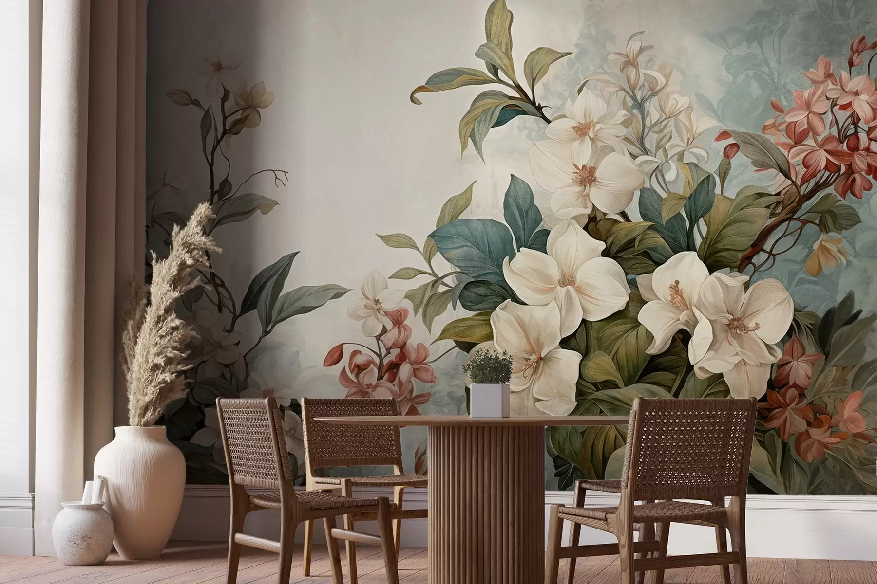 Murales de pared Flores y hojas tropicales texturizadas con suaves tonos azules y verdes, delicadas pinceladas, estilo botánico vintage w09259 murales de pared Flores y hojas tropicales texturizadas con suaves tonos azules y verdes, delicadas pinceladas, estilo botánico vintage w09259