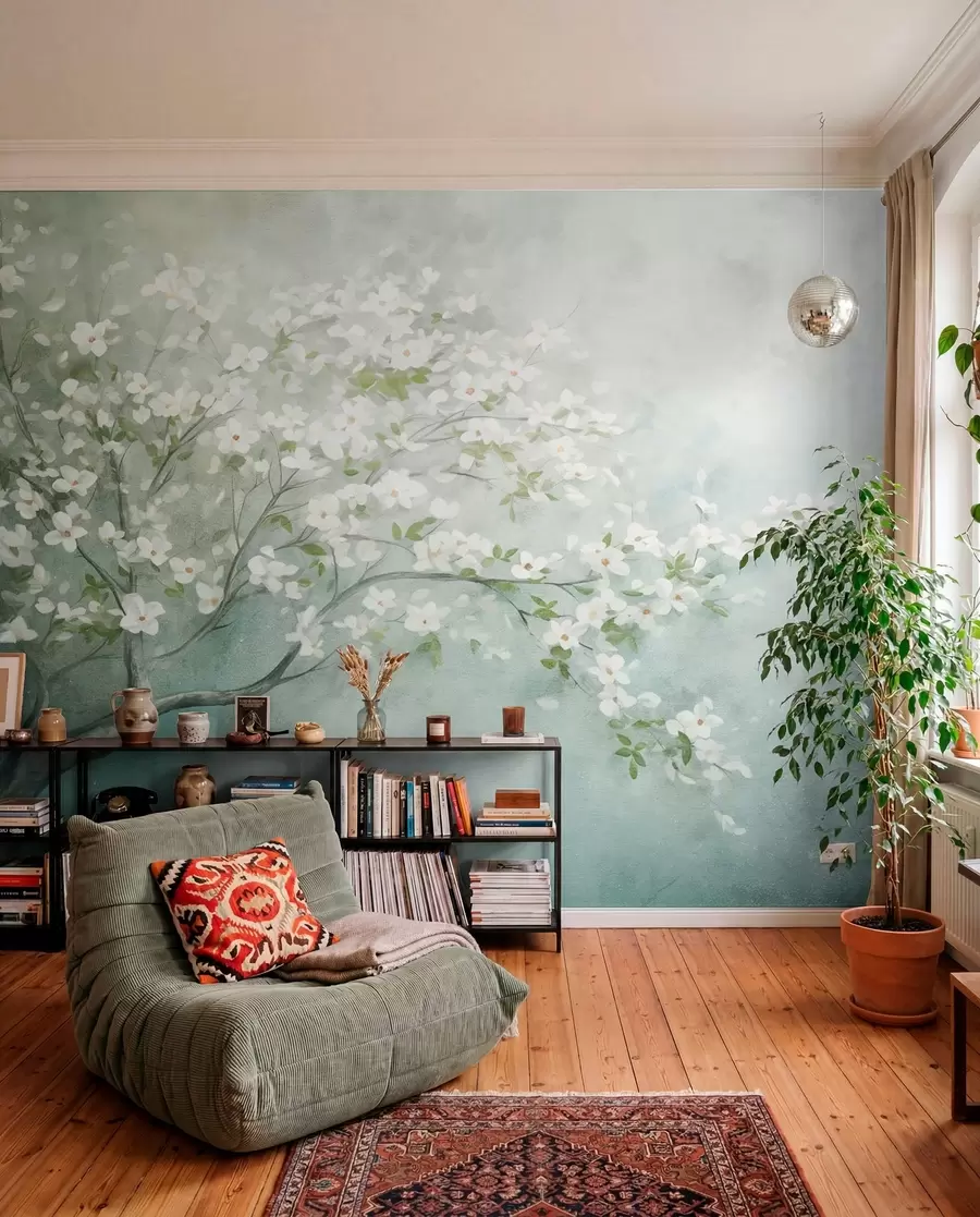 murales de pared Flor blanca sobre azul verdoso w09261
