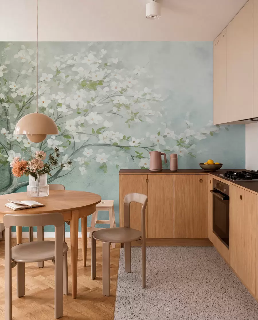 murales de pared Flor blanca sobre azul verdoso w09261