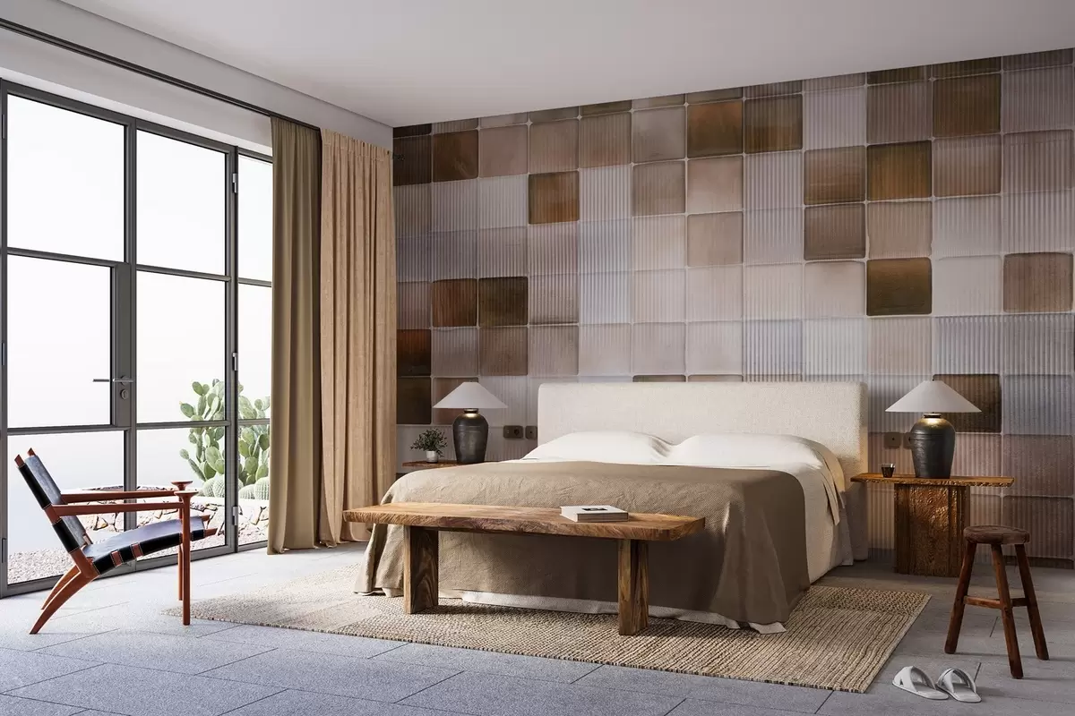 murales de pared Azulejos cuadrados de mosaico de piedra en tonos marrón, beige y blanco con una textura abstracta estriada y ruidosa w09269