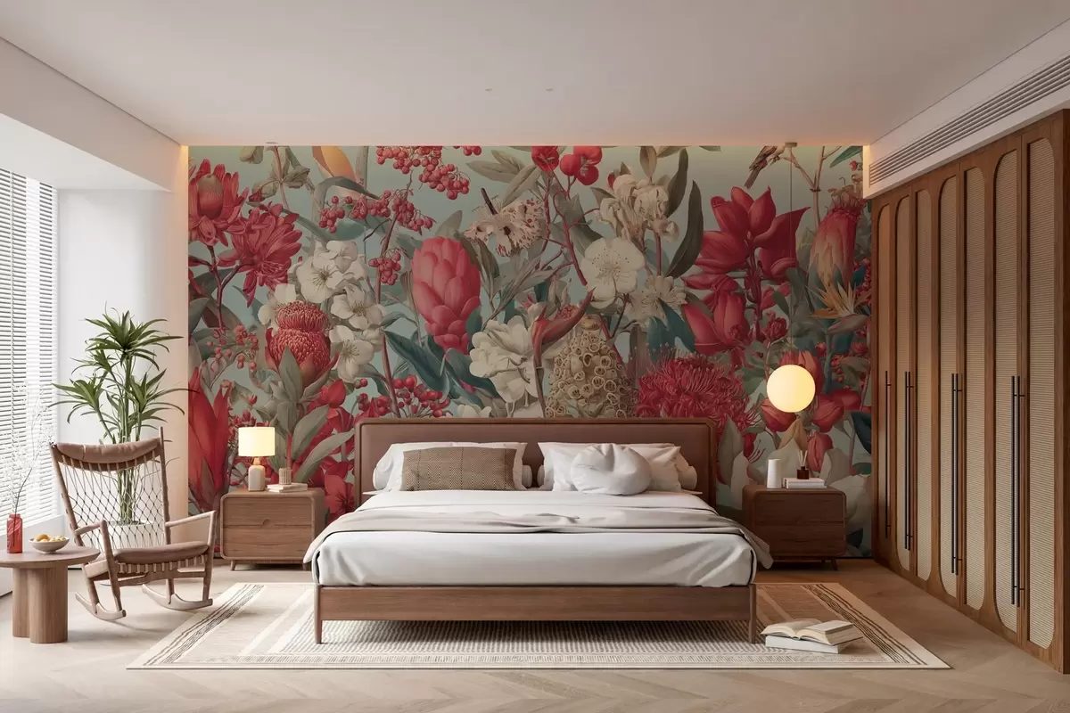 murales de pared flores tropicales con textura sobre fondo azul w04209
