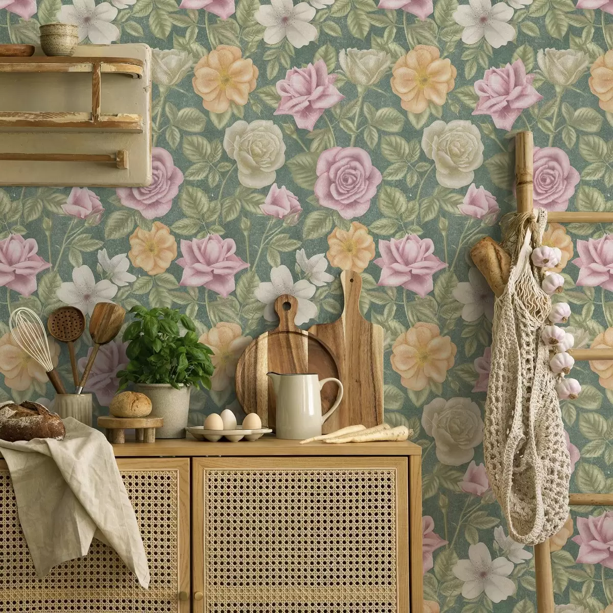 Papel pintado Crema rosa y rosas amarillas sobre fondo verde a00300