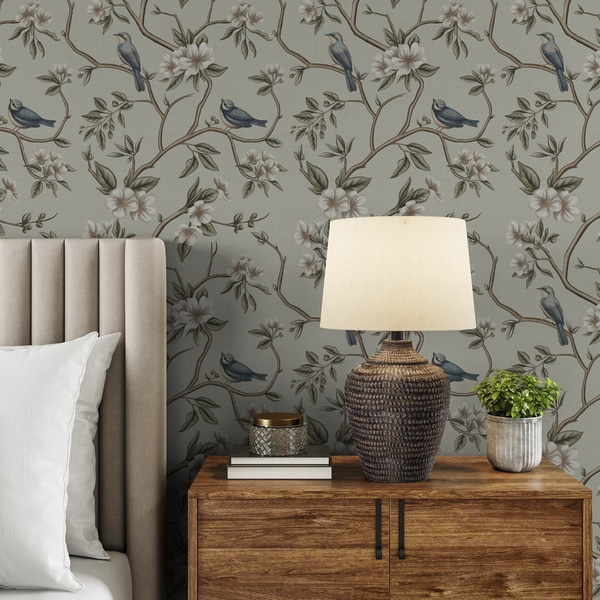 Fotomurale Papel pintado Ramas con pájaros y flores blancas sobre un fondo delicado, Papel pintado Flores y Plantas, a00303 : uwalls.com.ec