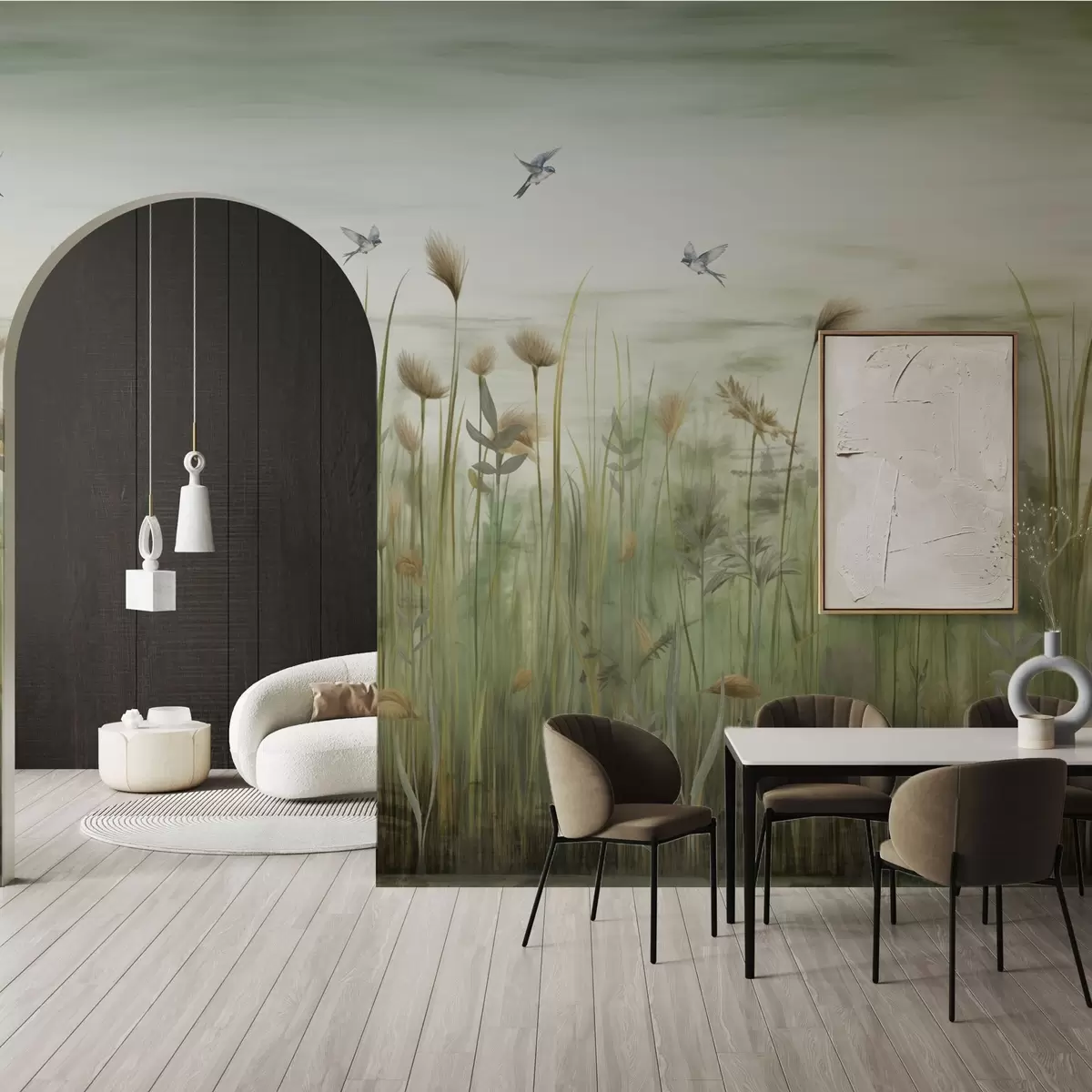 Murales de pared Paisaje de hierba con golondrinas en un cielo suave w04258v1 murales de pared Paisaje de hierba con golondrinas en un cielo suave w04258v1